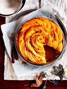 Golden mango and passionfruit caramel tart