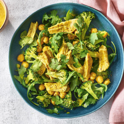 Golden milk-poached chicken & chickpea salad with broccoli
