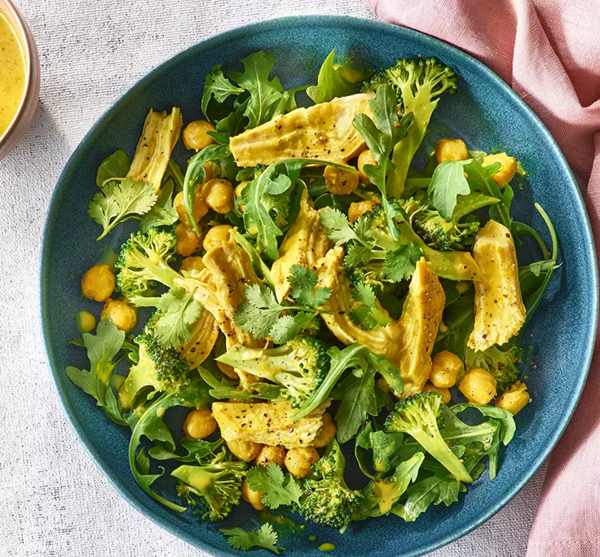 Golden milk-poached chicken & chickpea salad with broccoli