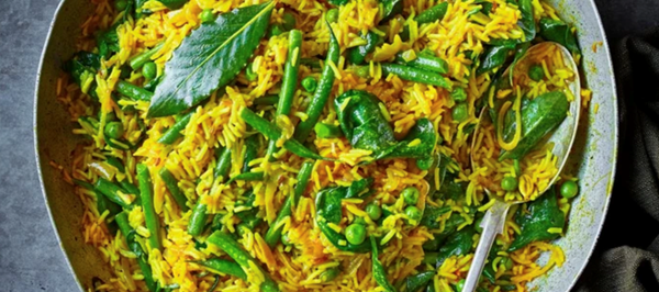 Golden onion and spring veg pilaf