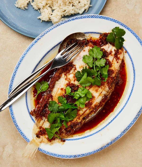 Golden pan-seared fish with ginger and spring onions