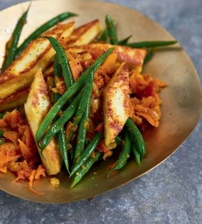 Golden paneer with tomato-y green beans and carrots