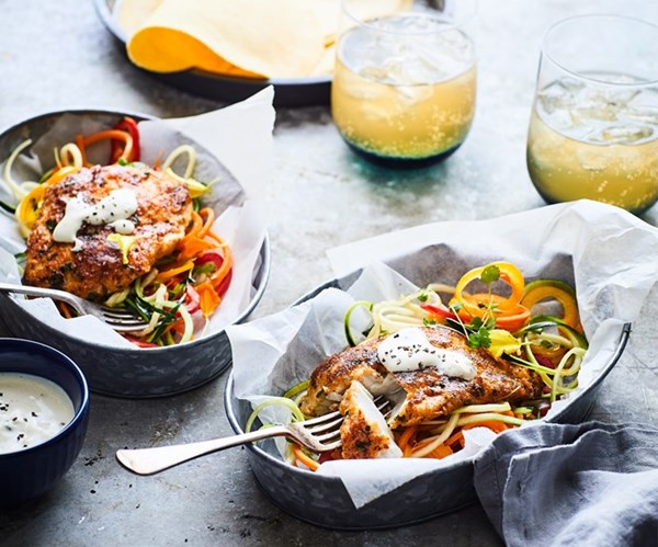 Golden Parmesan moki with summer salad