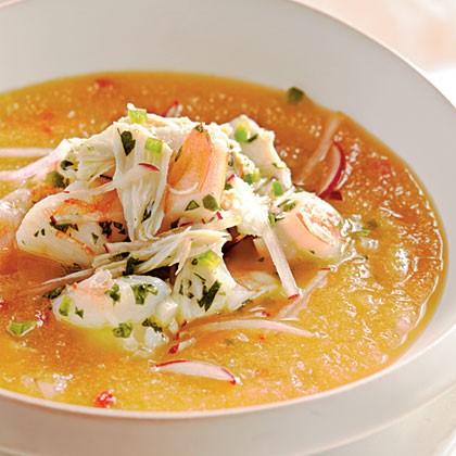 Golden peach soup with shrimp and crab seviche