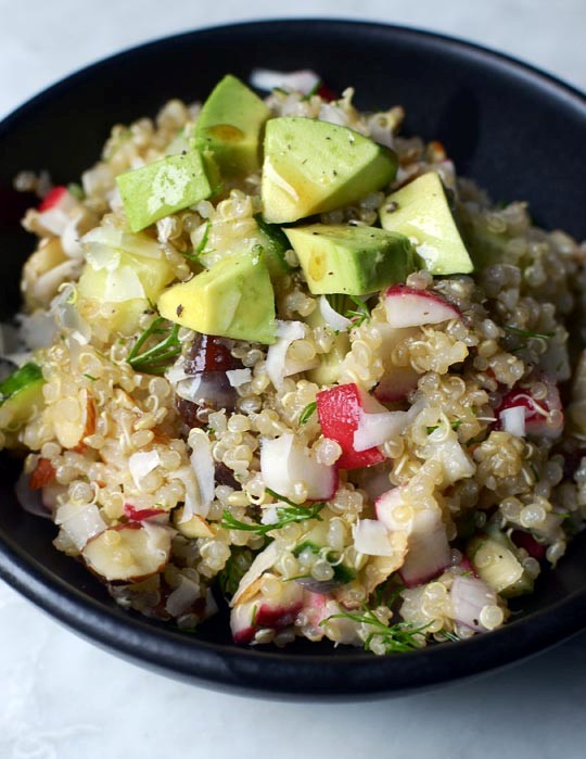 Golden quinoa salad with radish, dill & avocado