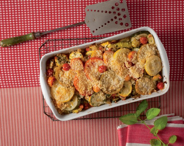 Golden squash, pepper, and tomato gratin