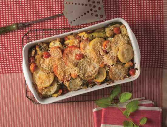 Golden squash, pepper and tomato gratin