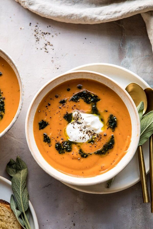 Golden sweet potato soup with burrata and sage pesto