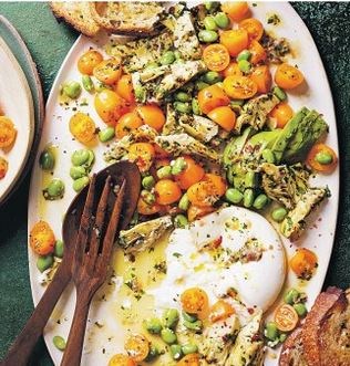 Golden tomato, burrata & broad bean salad with anchovies