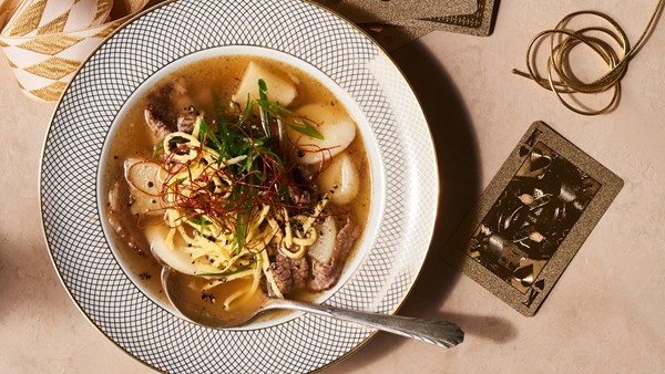 Good luck beef and Korean rice cake soup (Tteokguk)