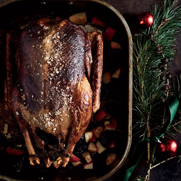 Goose stuffed with apples and Armagnac-soaked prunes
