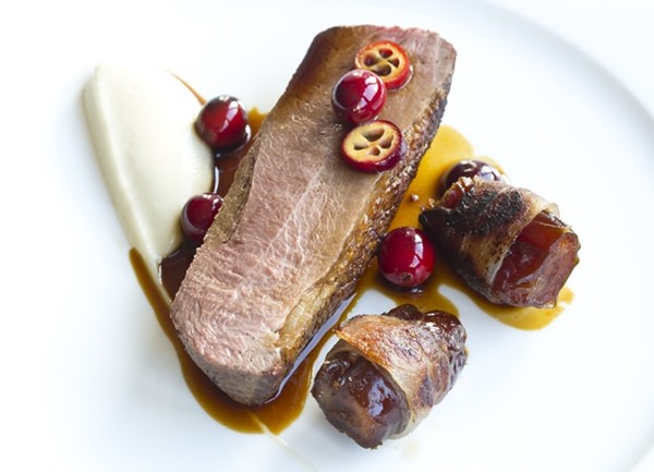 Goose with dates, pickled cranberries and celeriac purée