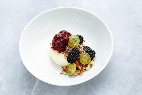  Gooseberry parfait with caramelised nuts and blackberries