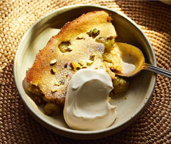 Gooseberry, pistachio & elderflower clafoutis