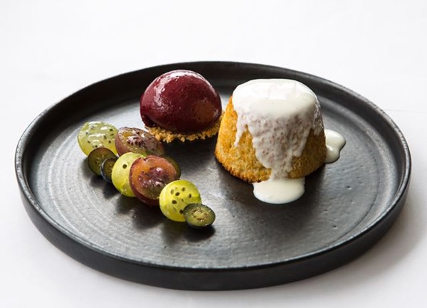 Gooseberry pudding, yoghurt and blueberry