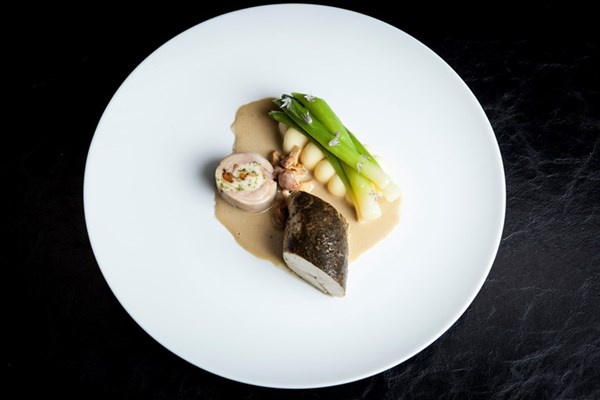 Goosnargh chicken with stuffed leg, girolles, leeks and pommes purée