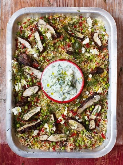 Gorgeous Greek chicken, herby vegetable couscous & tzatziki