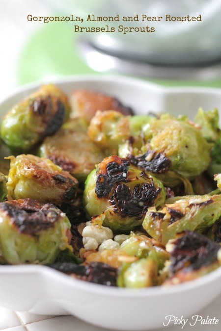 Gorgonzola, almond and pear roasted Brussels sprouts