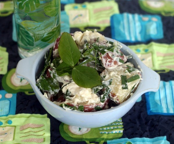 Gorgonzola garlic chive pea shoot potato salad