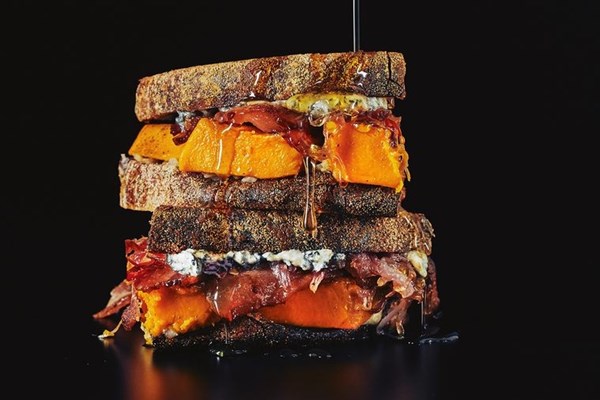 Gorgonzola, pumpkin, maple-cured bacon & maple syrup