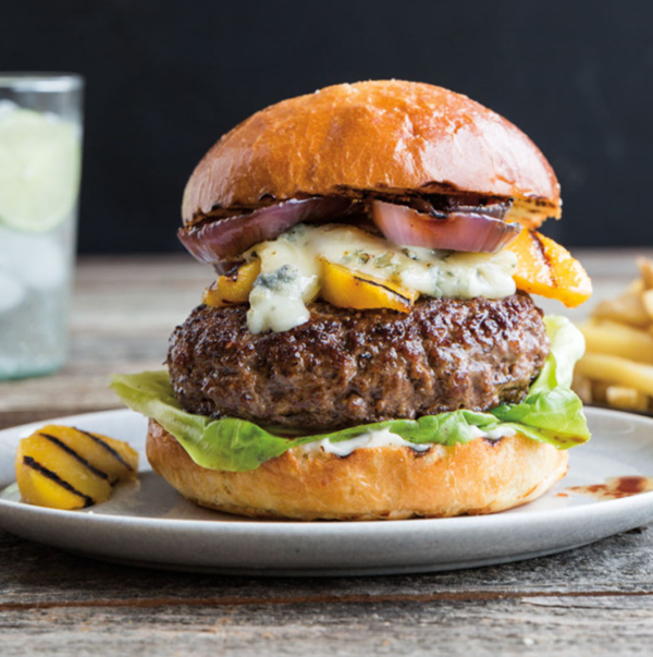 Gorgonzola-stuffed burgers with grilled nectarines