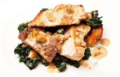 Gorgonzola-stuffed guinea fowl with cavolo nero and chestnuts