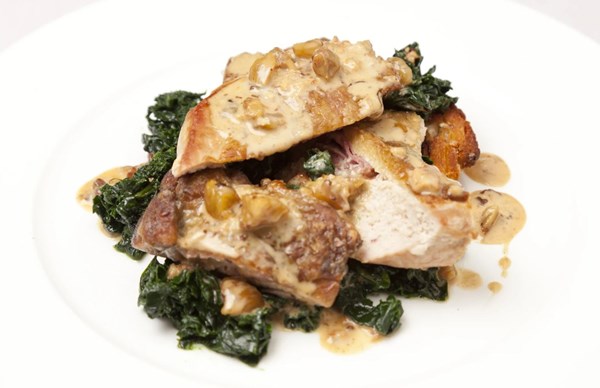Gorgonzola-stuffed guinea fowl with cavolo nero & chestnuts [Theo Randall]