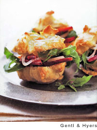 Gougères with arugula, bacon, and pickled onions
