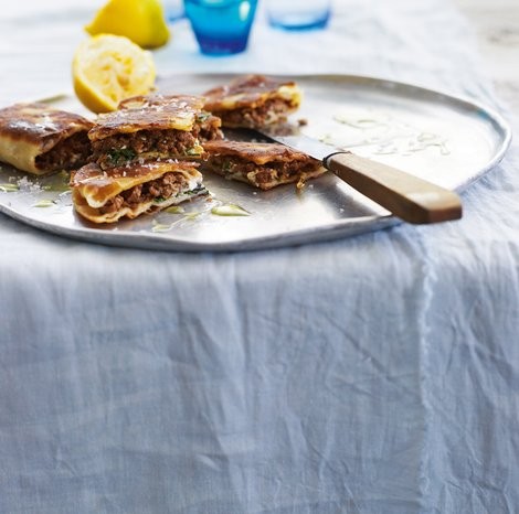 Gozleme of lamb, mint, feta and spinach with lemon