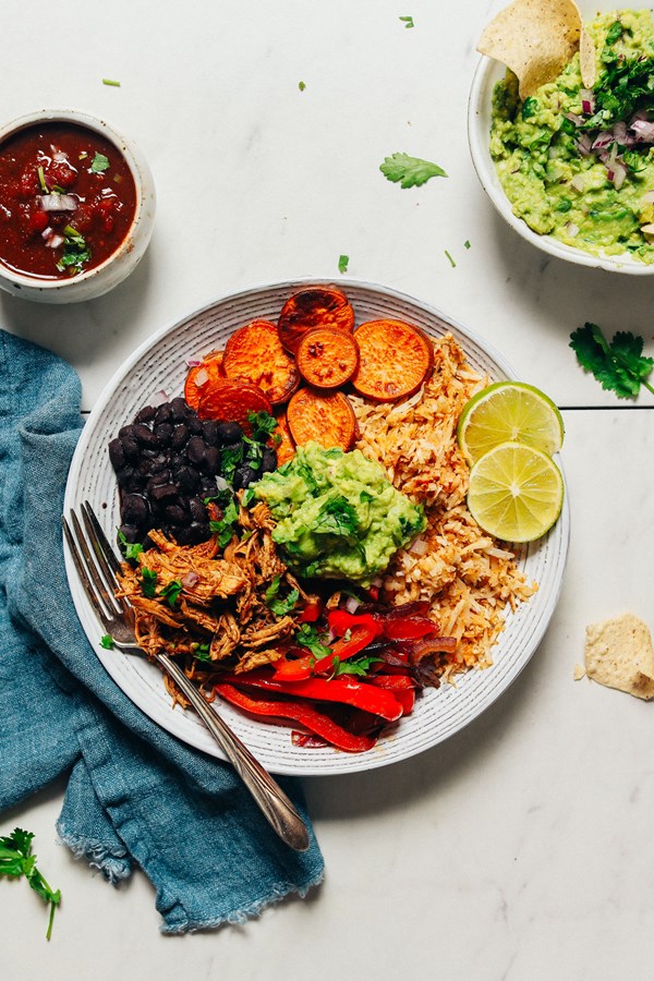 Grain-free burrito bowls with shredded Mexican chicken