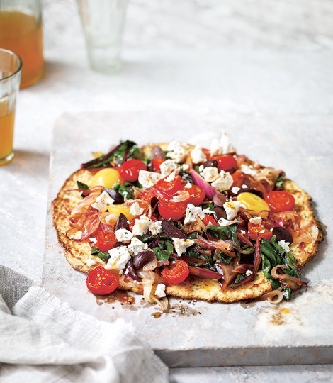Grain-free cauliflower 'pizza' with chard and olives