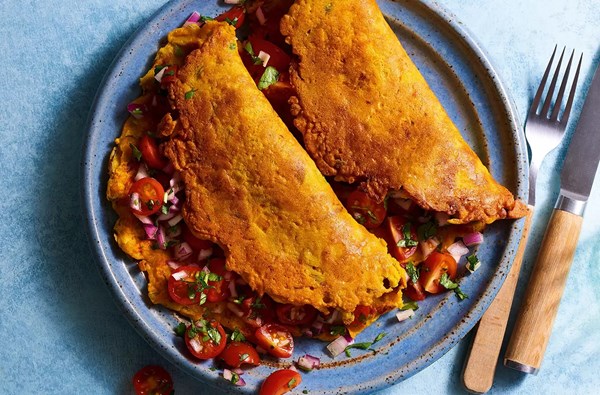 Gram flour pancakes with tomato & onion salad (Pudla with kachumber)