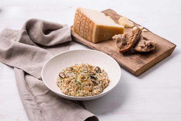 Grana Padano and pickled onion barley risotto 