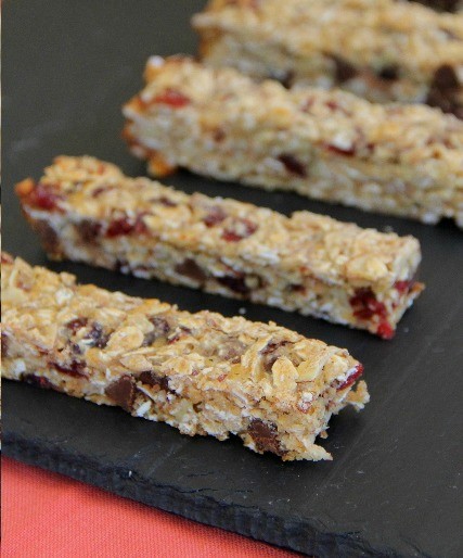 Granola bars with almonds, chocolate, and dried cranberries