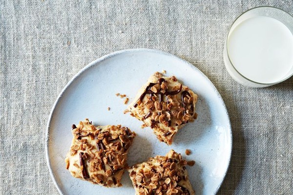 Granola peanut butter icebox bars with oatmeal cocoa streusel