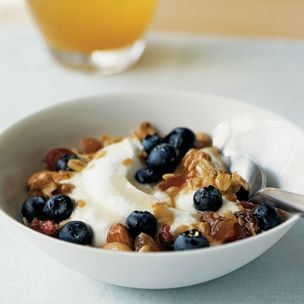 Granola with Greek yogurt, blueberries, and rosemary honey