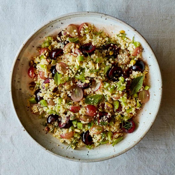 Grape, cherry and bulgur salad with fresh herbs