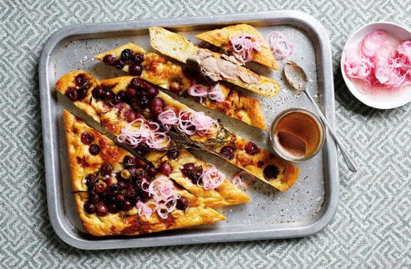 Grape, honey and rosemary focaccia with pate and pickled eschalots