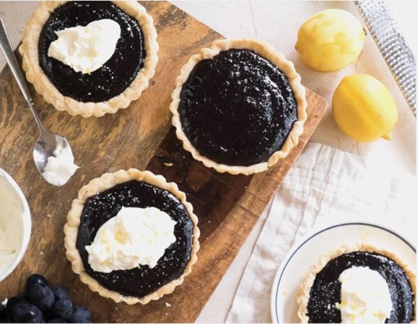 Grape jam tartlets with salted lemon crème fraîche