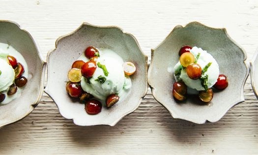 Grape salad over lime sorbet