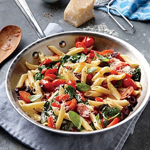 Grape tomato, olive, and spinach pasta