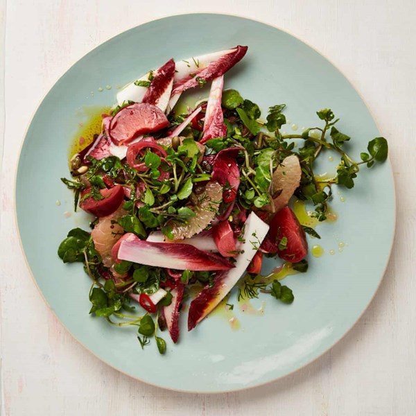 Grapefruit and watercress salad with pickled fruit