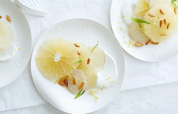 Grapefruit and white beets with yogurt and tarragon