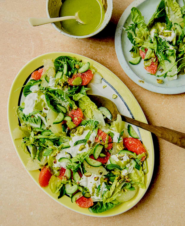 Grapefruit, mint and burrata salad with pistachio oil