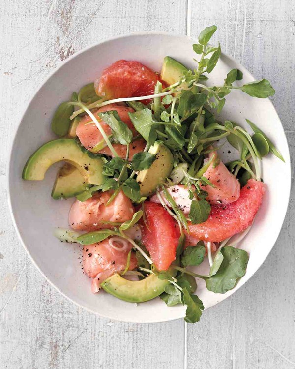Grapefruit, salmon, and avocado salad