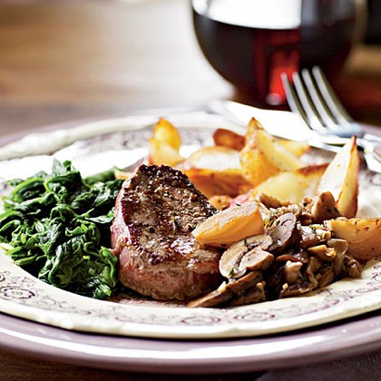 Grass-fed beef tenderloin steaks with sautéed mushrooms