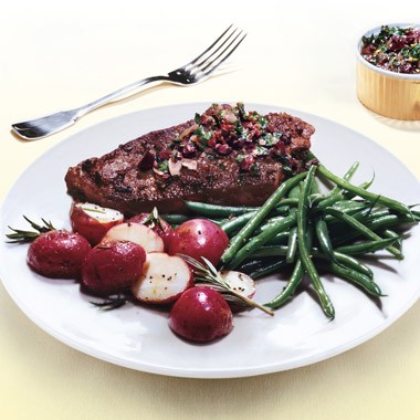 Grass-fed steaks with kalamata olive chimichurri