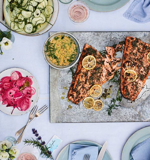 'Gravlax' baked salmon with sweet dill-mustard sauce