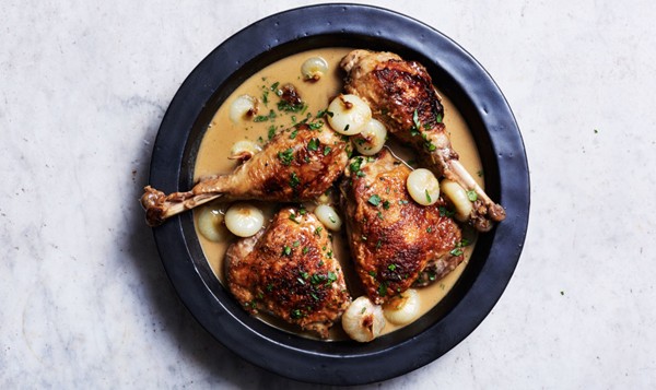 Gravy-braised turkey legs with cipolline onions