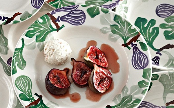 Great plates: figs baked in sherry with honey and turrón ice cream recipe on an Emma Bridgewater 'Fig' plate